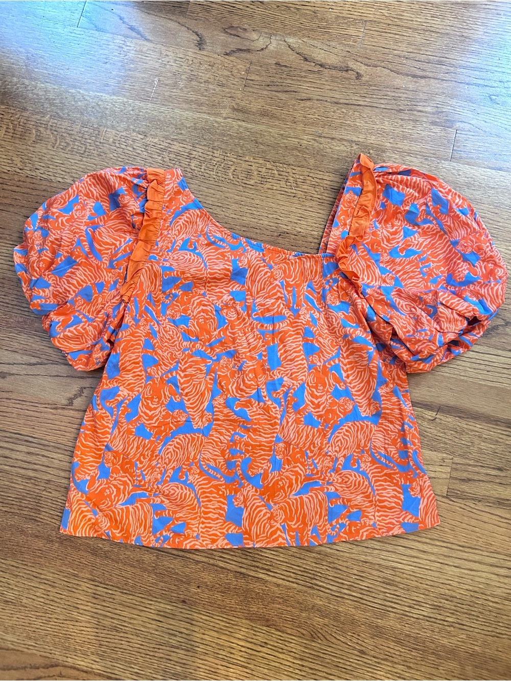 Alden Adair orange blue Tiger puff sleeve asymmetrical neck size large